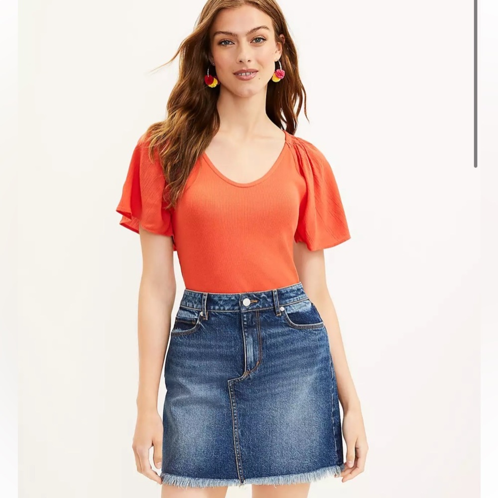 LOFT NWT Ribbed Flutter Sleeve Mixed Media Top - Bright‎ Paprika